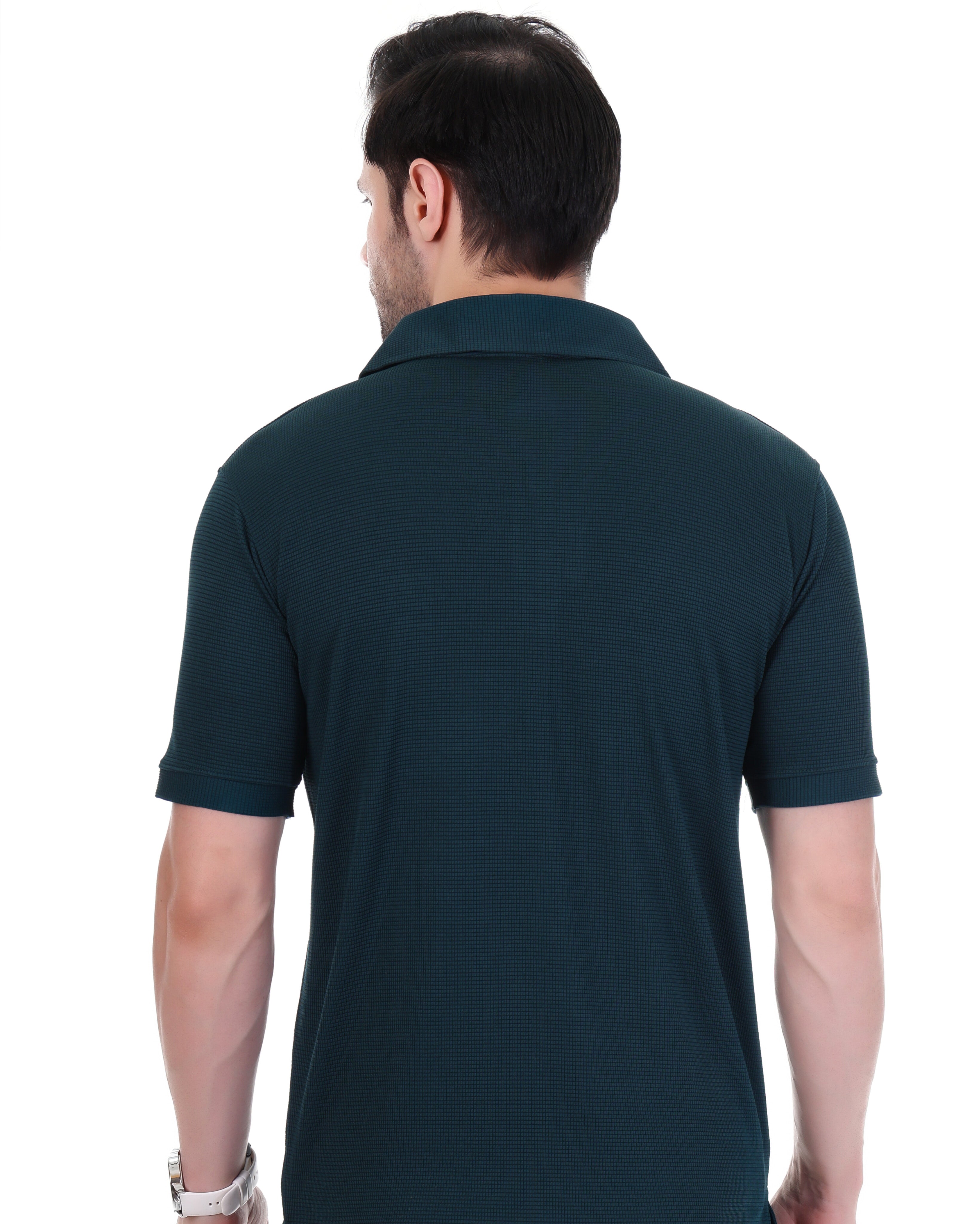 Men's Dark Teal Textured Polo T-Shirt – Classic Collar & Half Sleeves